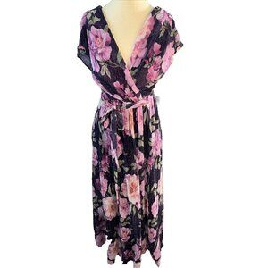 ELIZA J Women's Purple Floral  Metallic Sleeveless V-Neck Side-Slit Gown SZ 8